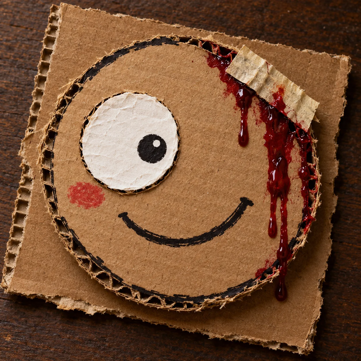 Cardboard face with one wide eye, a marker smile, and blood dripping down the torn edge