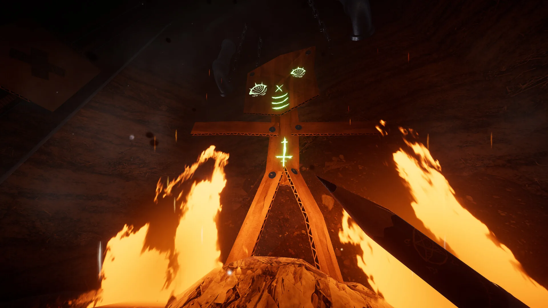 Steam screenshot: a sketched black creature and a red-cap enemy in a burning arena