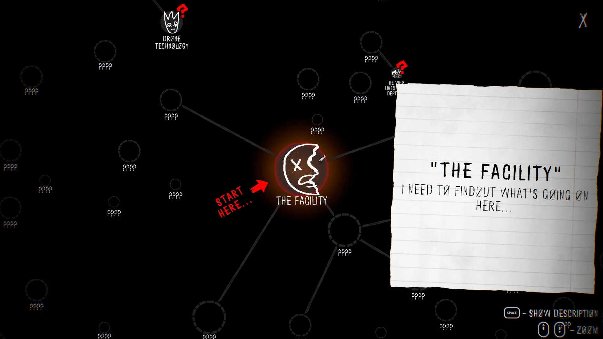 Steam screenshot: the lore map, with a START HERE arrow on the node THE FACILITY