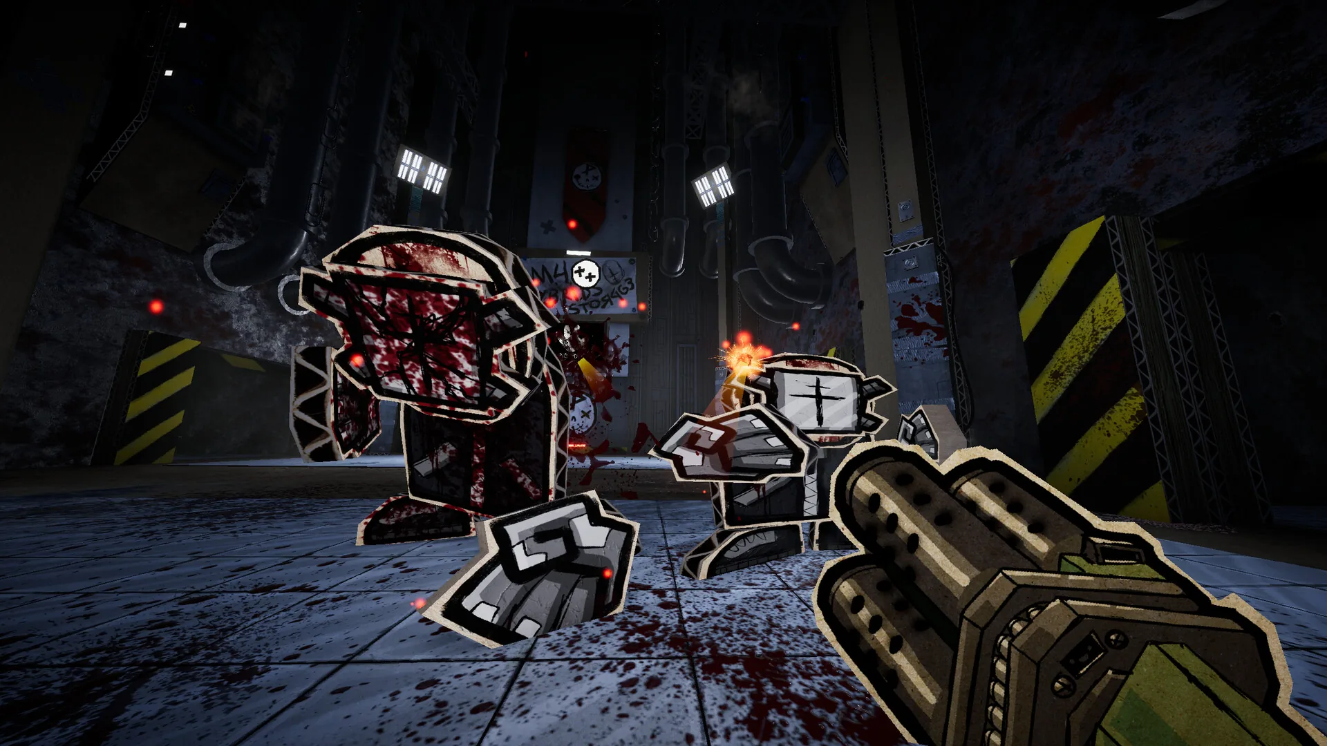 Steam screenshot: armored cardboard enemies in an industrial room, shotgun in view